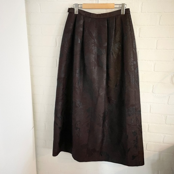 Vintage Maxi skirt Formal Jacquart Tulle Brown Floral Wool blend Shiny Sz 10 - Picture 9 of 13